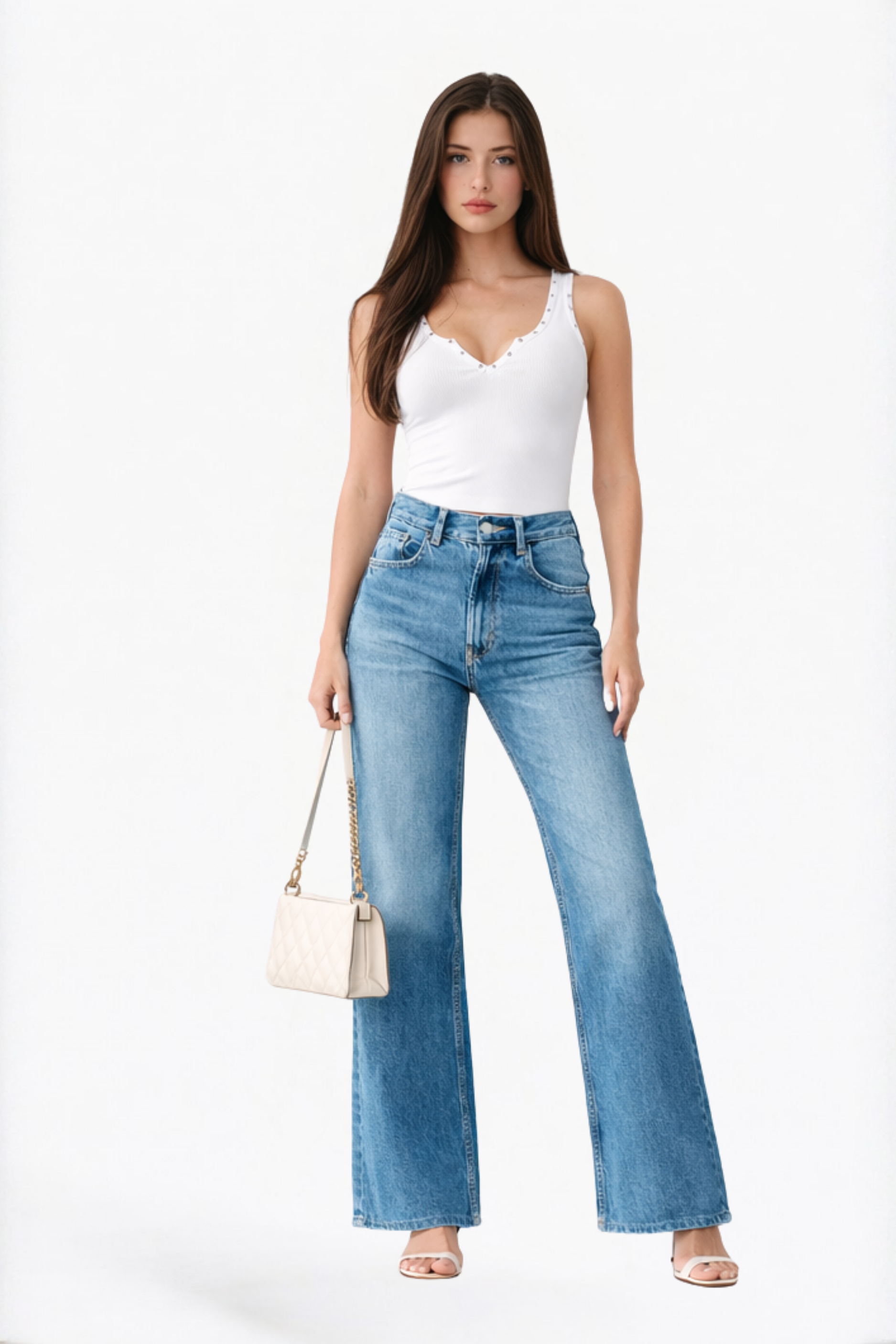 White Solid Scallop Edge Scoop Neck Tank Top