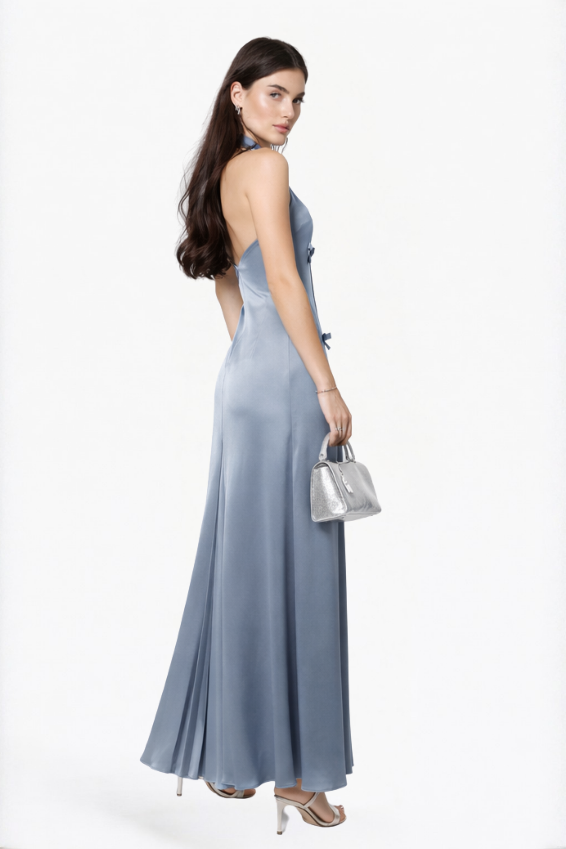 Steel Blue Solid Bow Detail Halter Maxi Dress
