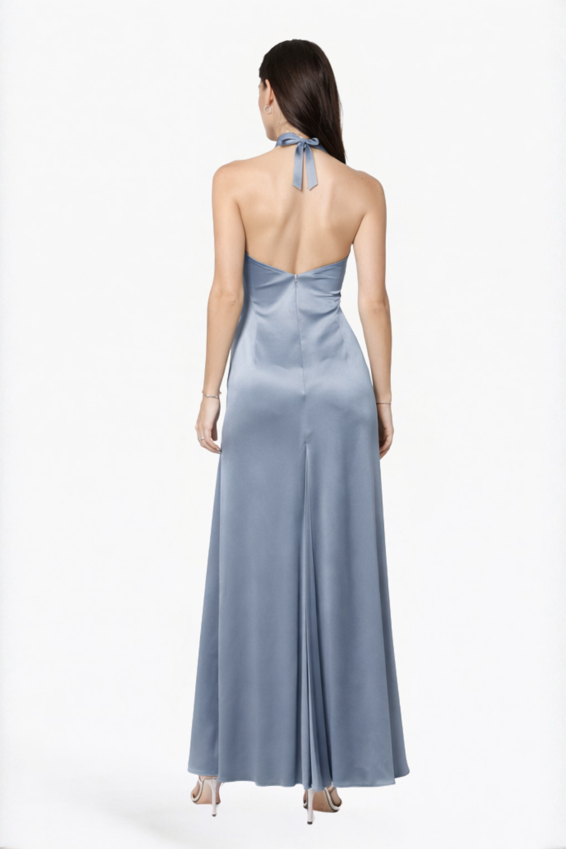 Steel Blue Solid Bow Detail Halter Maxi Dress