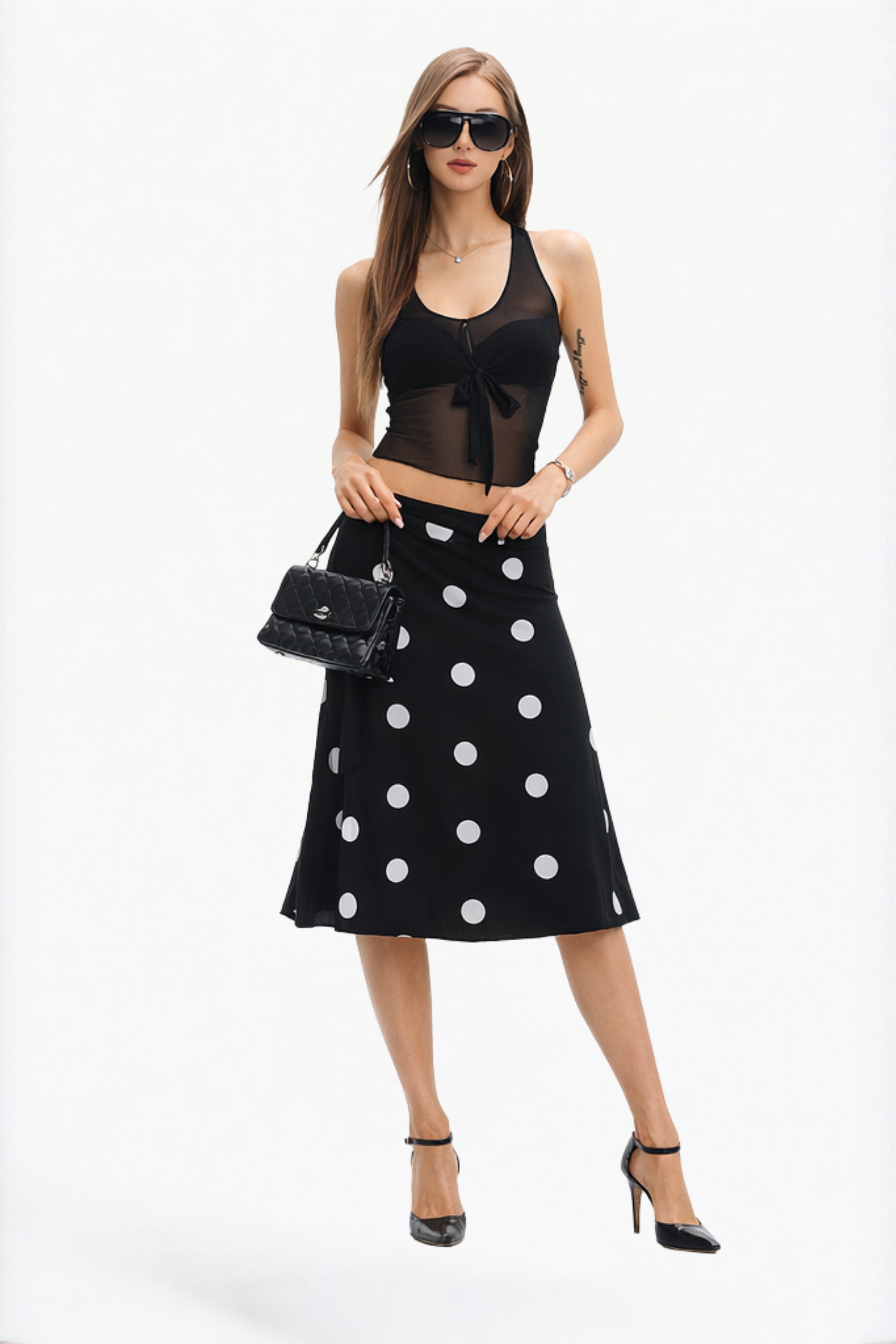 Black Polka Dot Side-Tie Skirt