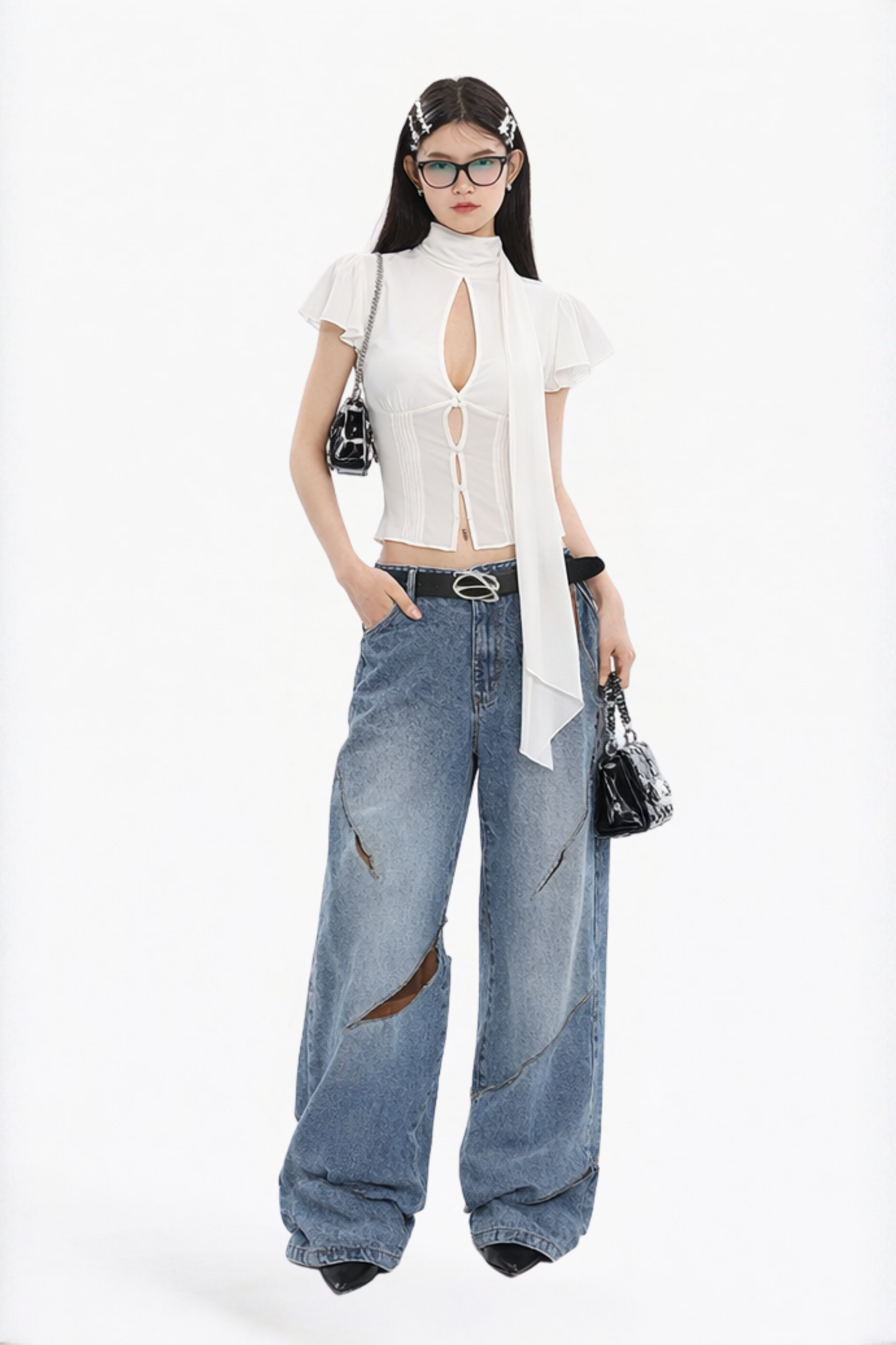 White Solid Keyhole Tie-Neck Blouse