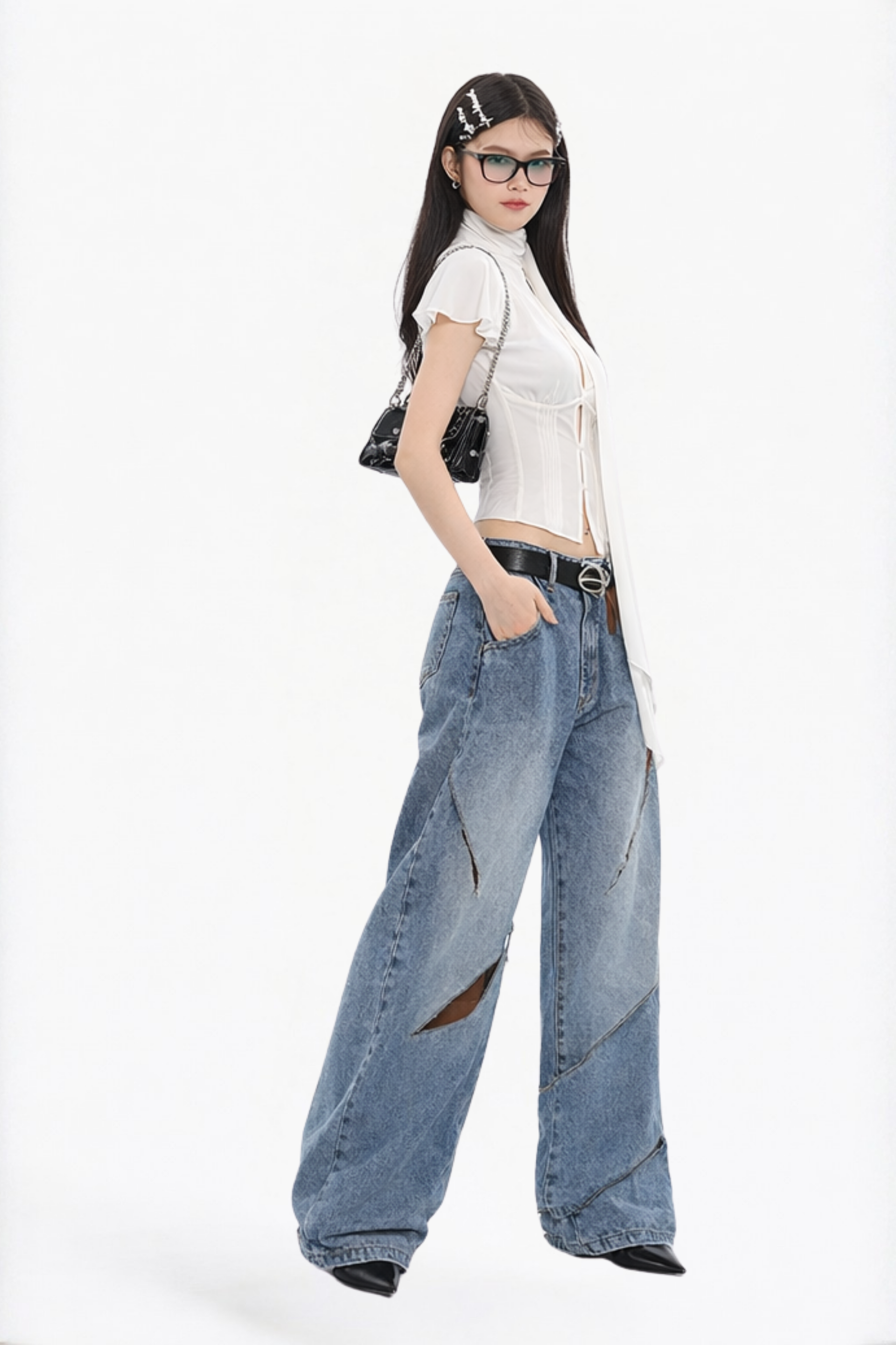 White Solid Keyhole Tie-Neck Blouse