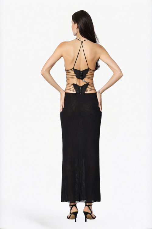 Black Tonal Zebra Spaghetti Strap Maxi Dress