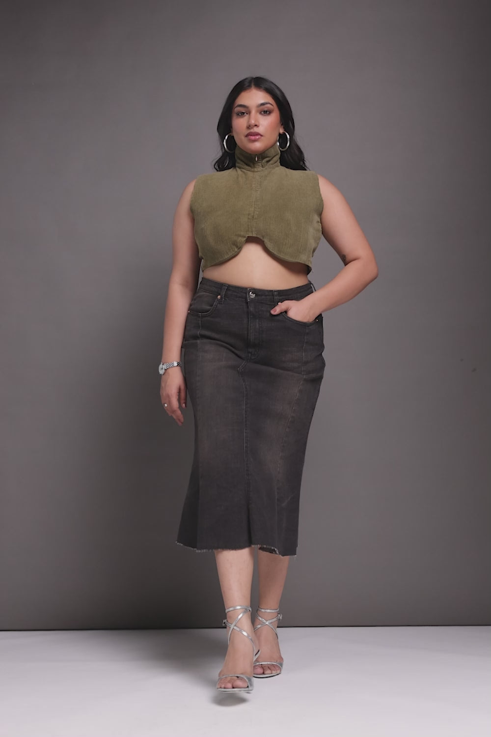 Uptown Black Curve Denim Midi Skirt