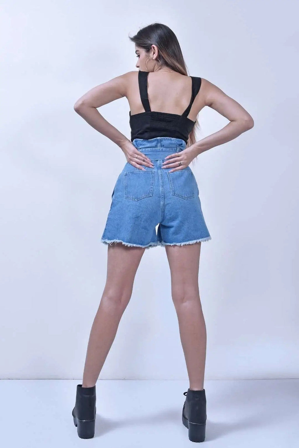 Stm High Waist Paper Bag Denim Pleated Shorts