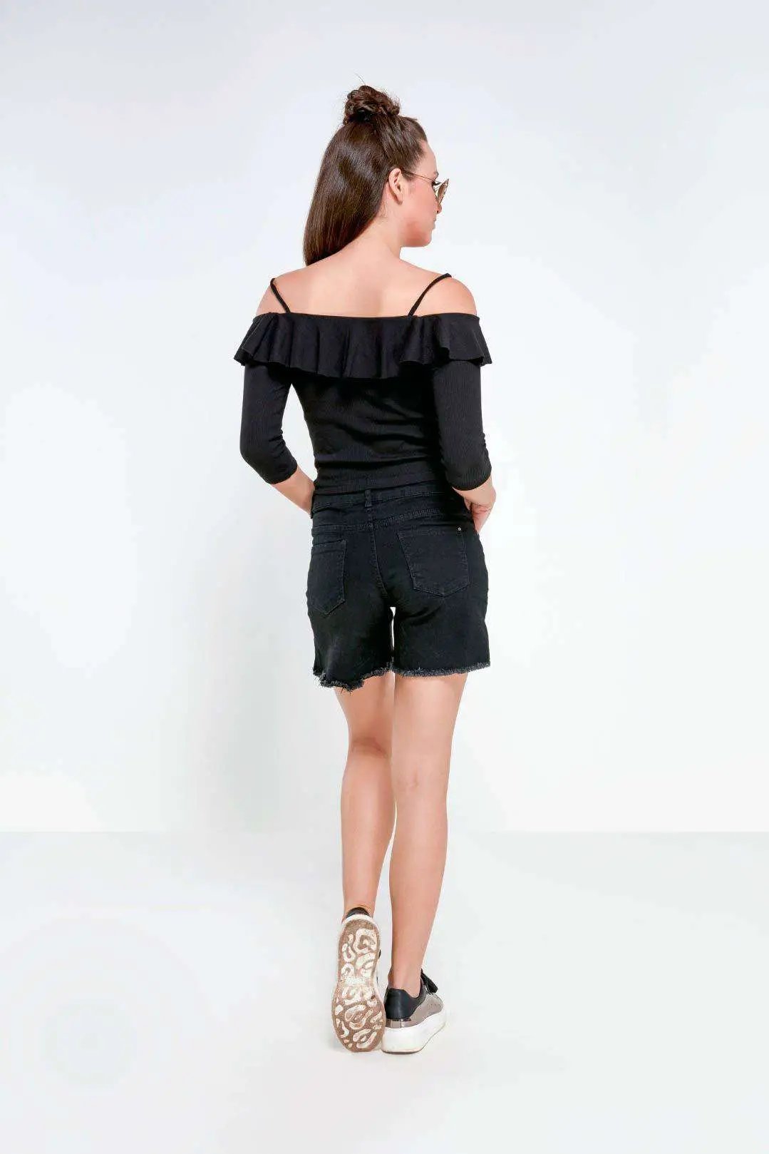 Black Mid Rise Floral Embroidered Denim Shorts