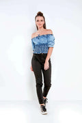 Light Blue Off Shoulder Elasticated Denim Top