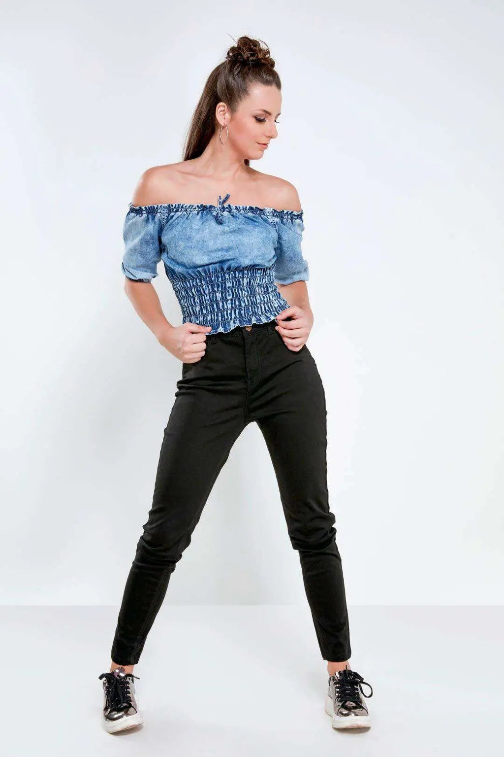 Light Blue Off Shoulder Elasticated Denim Top